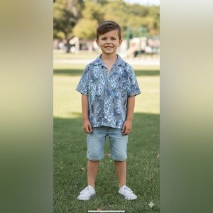 SideOut boys medium 5/6 gray shirt blue Asian dragon button down collar kids